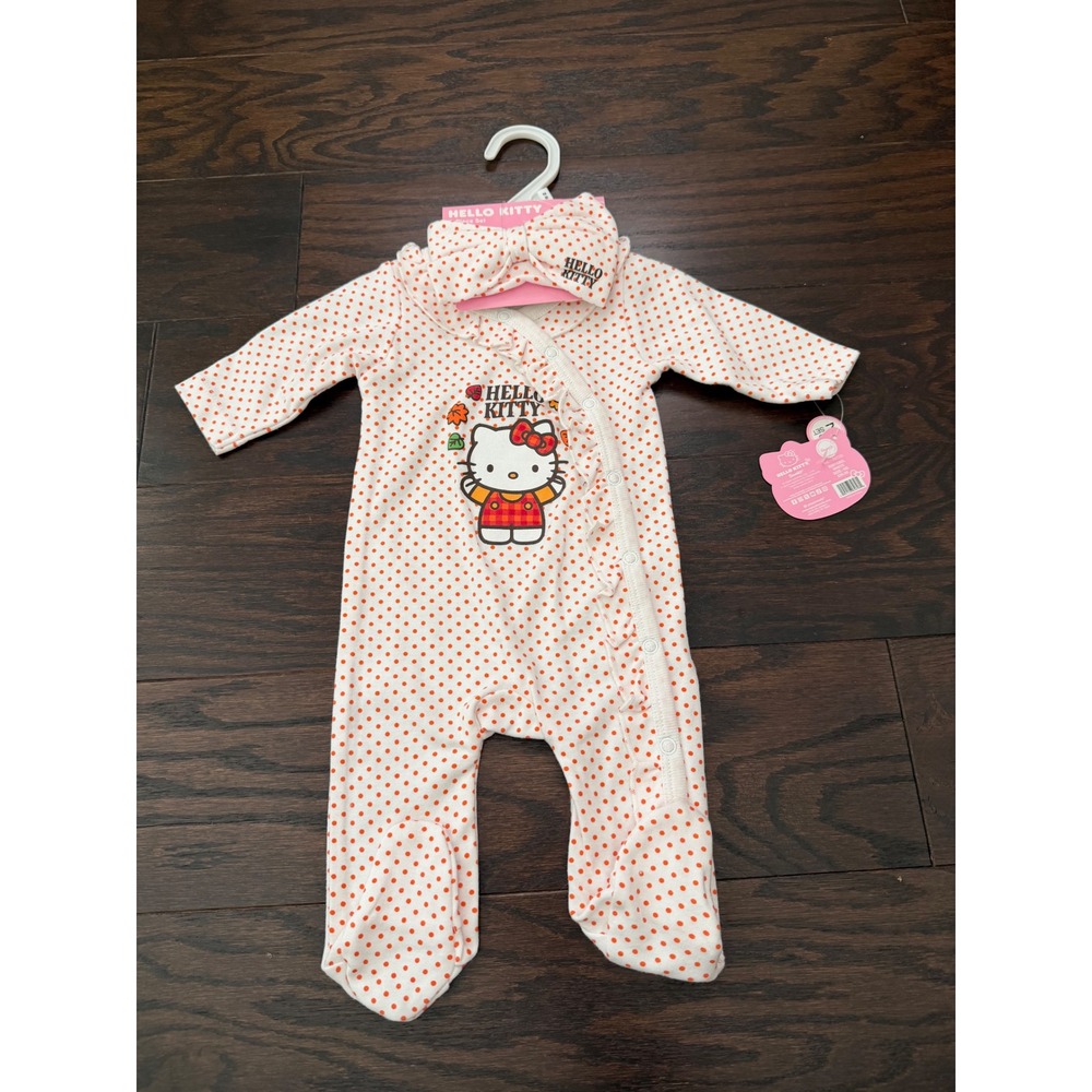 Hello Kitty Sanrio Newborn Girl Footed Sleeper and Headband Set Orange Polka Dot